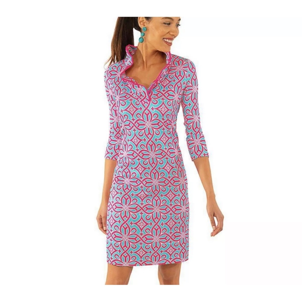 Gorgeous Pink and Blue Gretchen Scott Ruffneck Dress XXL Goddess!